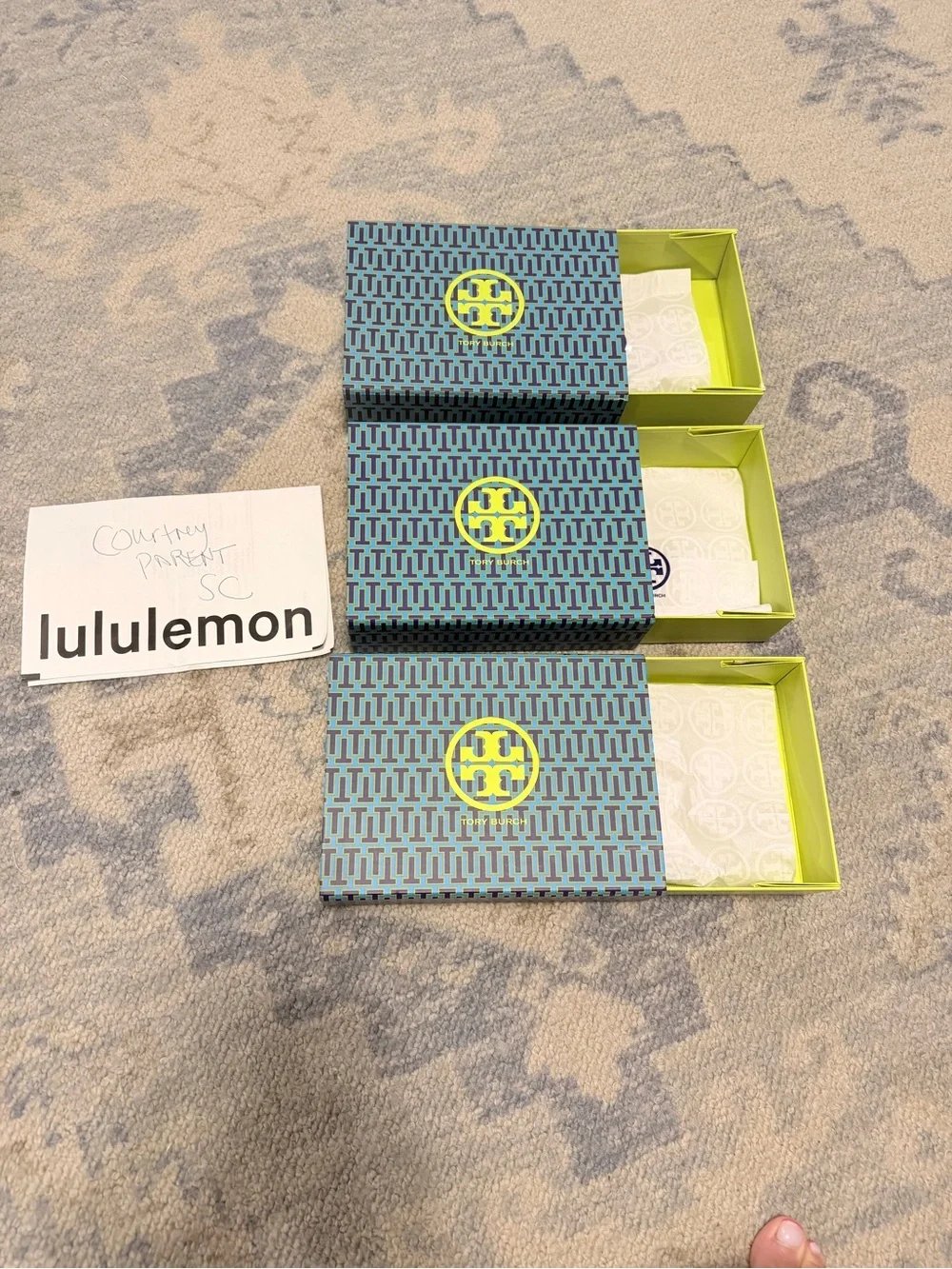 Tory Burch Blue Patterned Small Accessory Boxes with Yellow Logo (Set of 3)